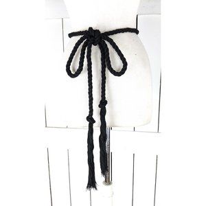 Black long woven braided rope knotted tassel chord tie belt